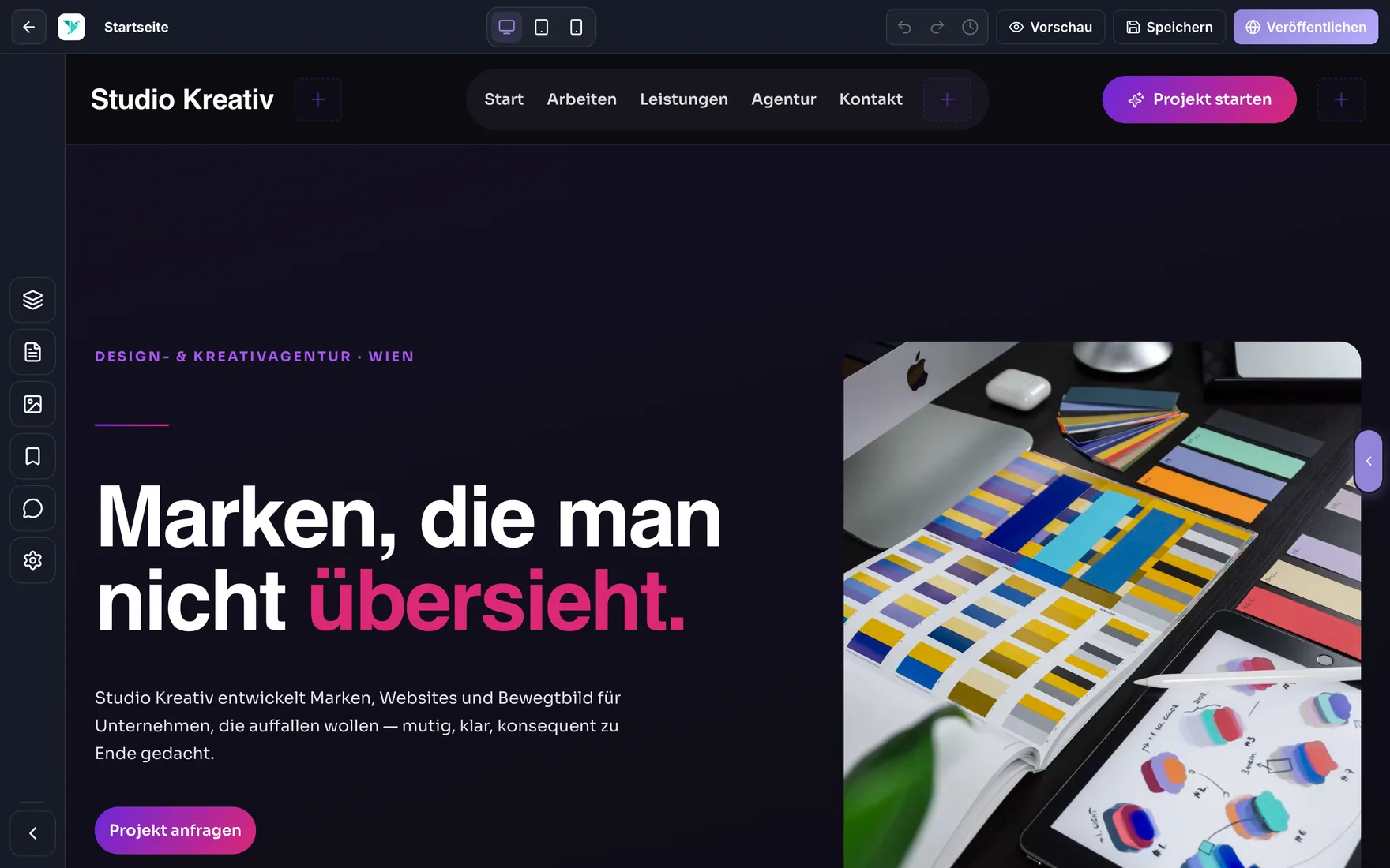 BirdBuild Website-Builder – eine Kreativagentur-Website per Drag-&-Drop mit Live-Vorschau