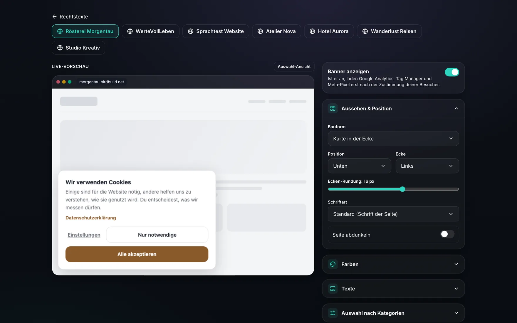 BirdBuild Cookie-Banner – Live-Vorschau und Einstellungen