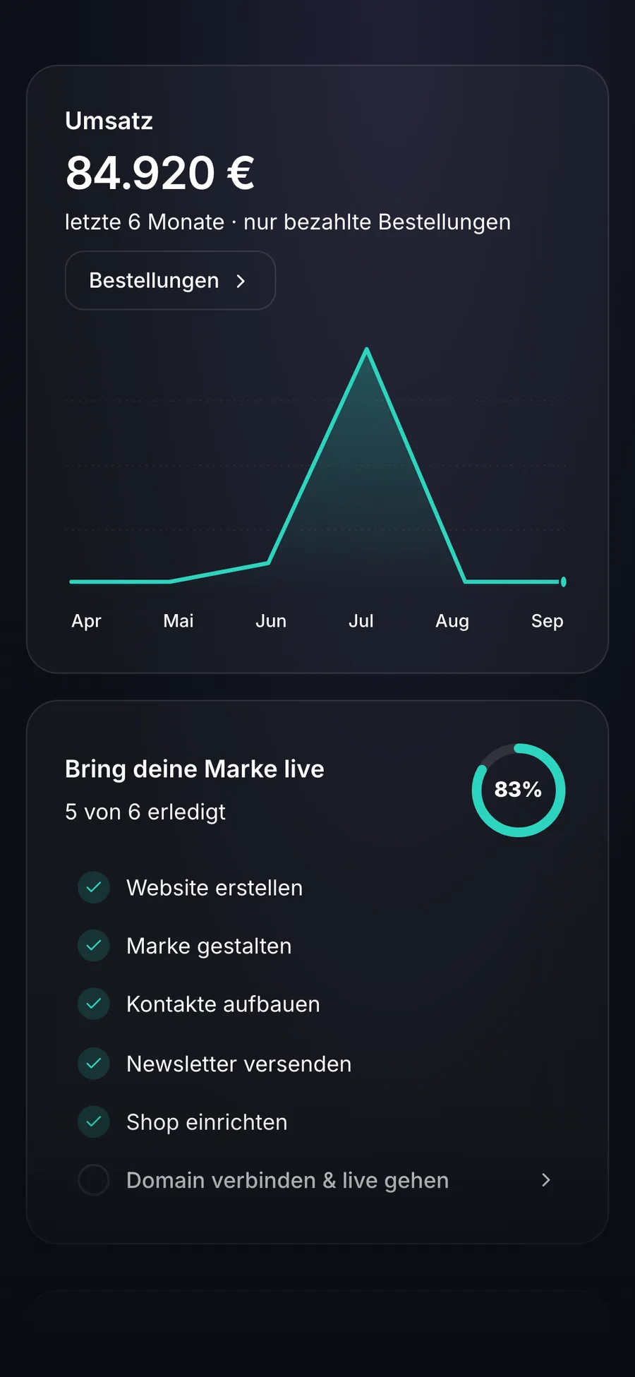 BirdBuild Studio – Dashboard mit Website-, Kontakt-, Shop- und E-Mail-Übersicht