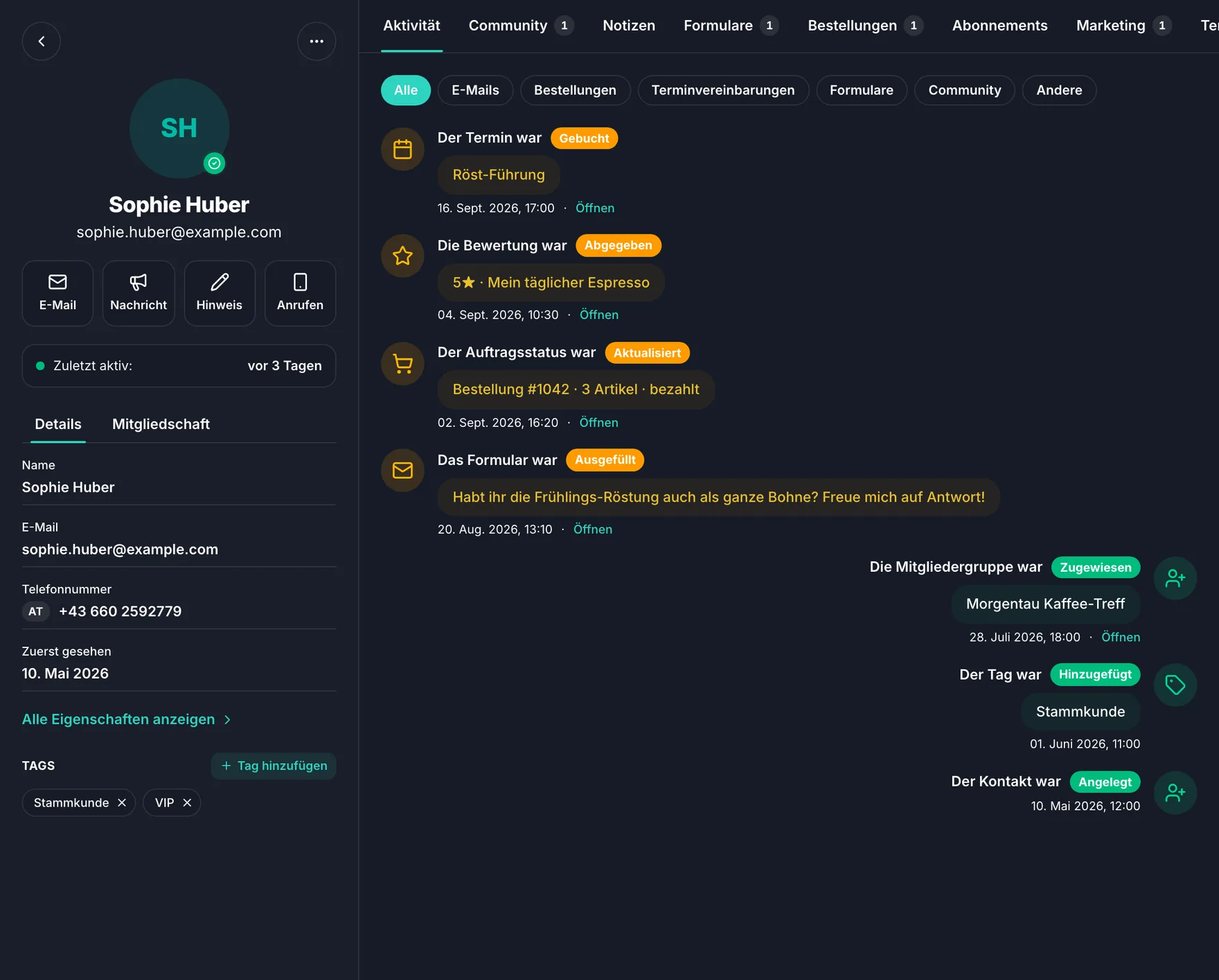 BirdBuild CRM – vollständiges Kundenprofil mit Aktivitätsverlauf