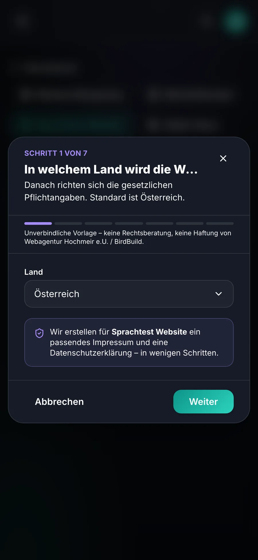BirdBuild Rechtstexte-Generator – Status-Dashboard für Impressum und Datenschutz