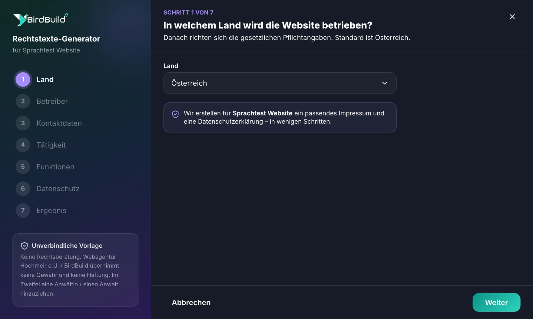 BirdBuild Rechtstexte-Generator – Status-Dashboard für Impressum und Datenschutz